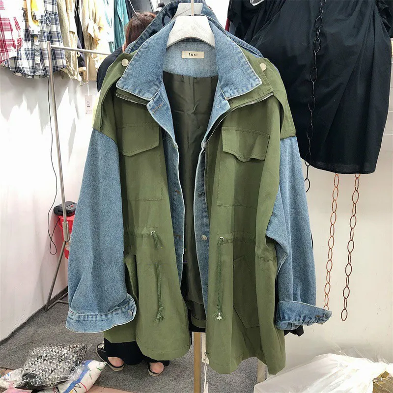 TVVOVVIN Осенняя свободная версия джинсовой строчки оснастки куртка дикая шнурок талии похудение Мода Топы пальто B602
