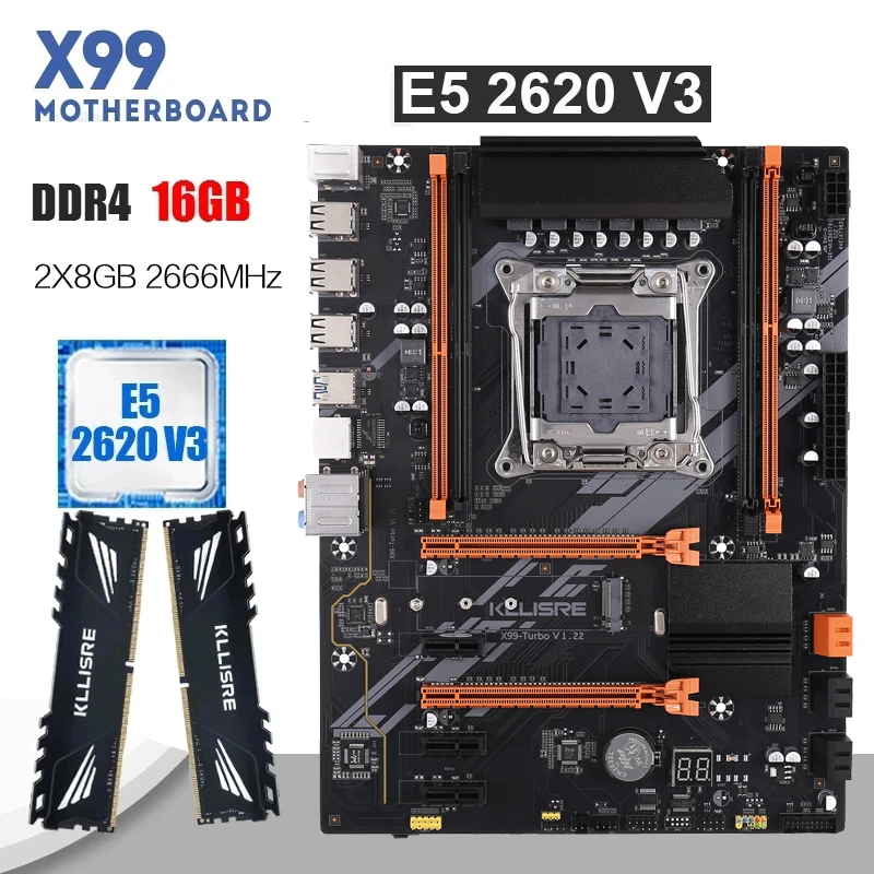 Kllisre X99 motherboard combo kit set LGA 2011-3 Xeon E5 2620 V3 CPU 2pcs X  8GB =16GB 2666MHz DDR4 memory