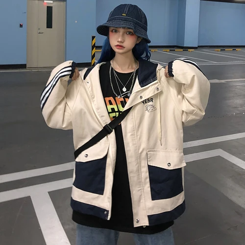 Neploe Korean Ins Harajuku Style Tooling Jacket Women Loose Bf Style Hooded Big Pocket Chaqueta Autumn Patchwork Casual Coat - Цвет: Creamy-white