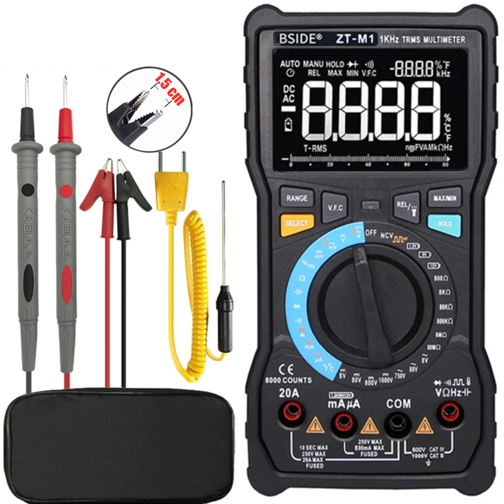 

ZT-M1 Auto/Manual Digital Multimeter EBTN Triple Display 8000 Counts Battery Test Voltage VFC Square Wave Output Tester