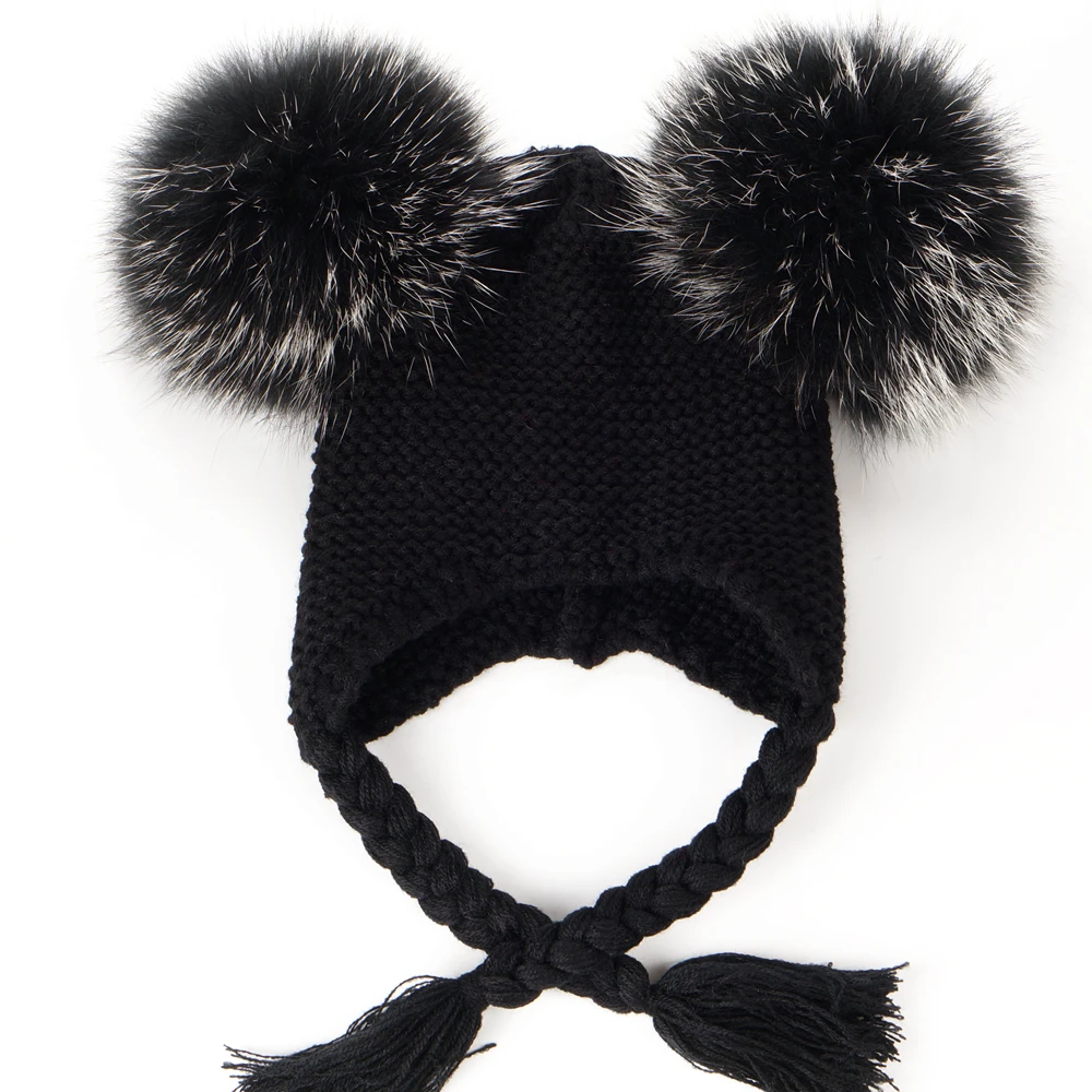 15CM POMPOM Детская зимняя шапка мяч из натурального меха енота помпон шапочки для детей мальчиков и девочек Теплые шапки с защитой ушей - Цвет: 15CM POMPOM