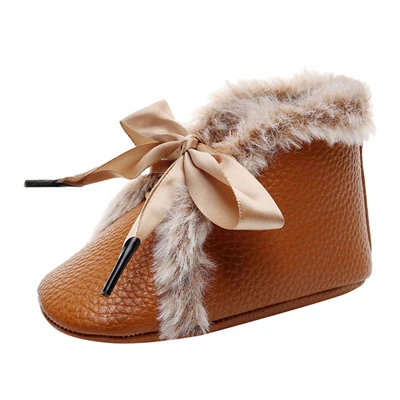 Коричневый Baby Winter Shoes Booties Girls Boys Solid PU Plush Boots Toddler Kids Ribbon Bow Prewalker Fashion Warm Ankle Boots 0-24M A50 - Цвет: Коричневый