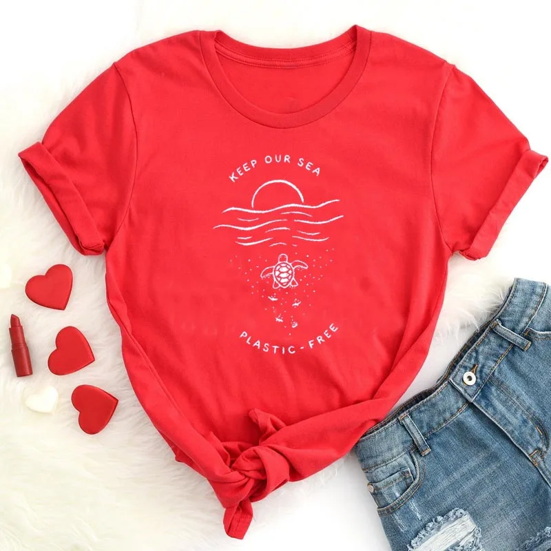 Keep Our Sea пластиковые Бесплатные Графические футболки для женщин сохранить черепаху футболка Hipster уличная забавная футболка хлопок Tumblr Топы Прямая поставка - Цвет: Красный