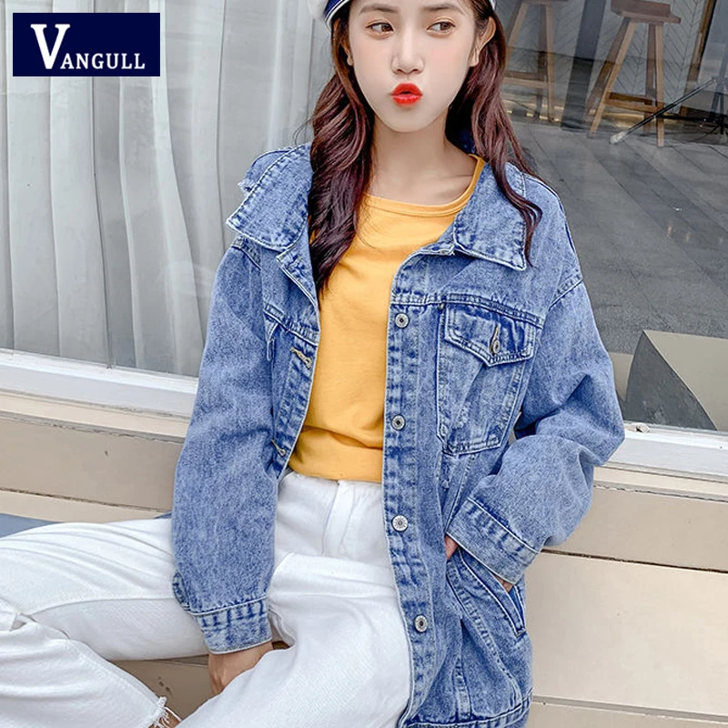 Vangull Harajuku расшитая бисером джинсовая куртка с принтом BF Осенняя новая однотонная Свободная джинсовая куртка длинный рукав женское уличное пальто