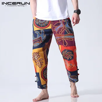 

2020 Men Harem Pants Chinese Style Ethnic Style Cotton Printed Loose Elastic Waist Streetwear Trousers Men Casual Pants INCERUN