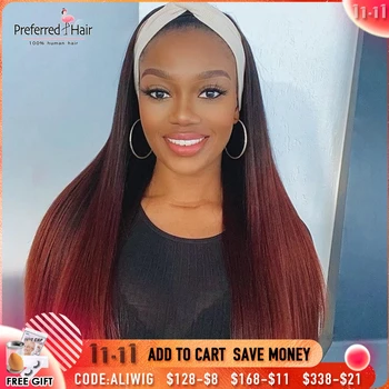 

Preferred Straight Headband Wig 99j Brown Ombre Human Hair Wig Brazilian Remy No Glue No Gel Full Machine Wigs For Black Women