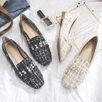 

2020 Spring classic Retro Women Flat Shoes Tartan Design Square head String Bead comfortable Flat Loafer Zapatillas Mujer U19-69