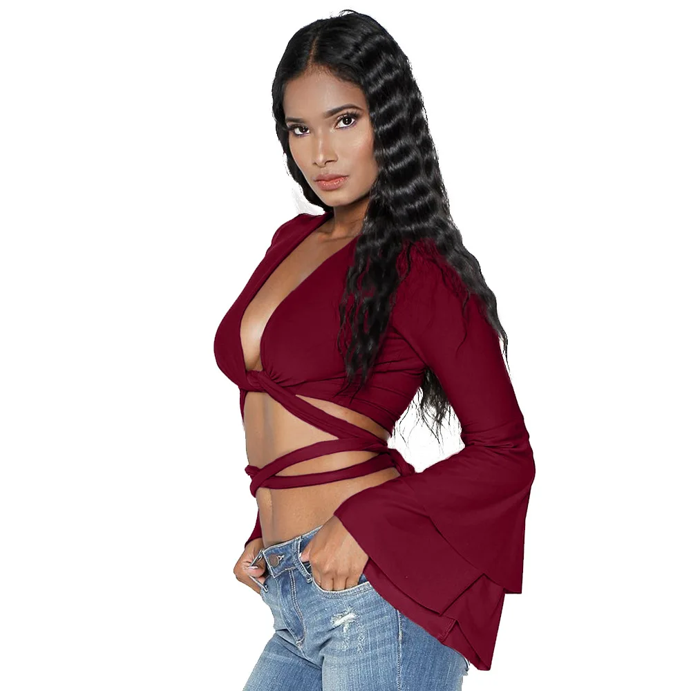 Women T-shirt New Arrivals Deep V-neck Long Flare Sleeve Office Lady Womens Summer Bandage Tshirts Tees Sexy Shirts