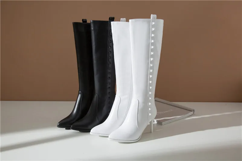 Meotina Winter Knee High Boots Women Natural Genuine Leather Zip Thin Heels Long Boots Rivets Super High Heel Shoes Ladies 34-42