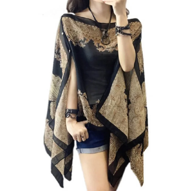 

Women Blouses Summer Top Slash Neck Irregular Hollow Out Casual Chiffon Shirt Beachwear Cover up Loose Printing Sun-proof