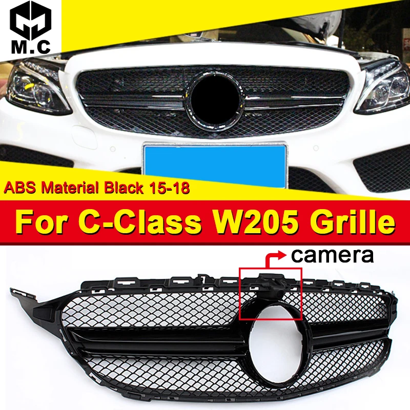 Для Mercedes C-Class C205 W205 S205 Спортивная Передняя решетка гриль грили ж/камера ABS черный добавить на стиль C63 вид не подходит C63 15-18