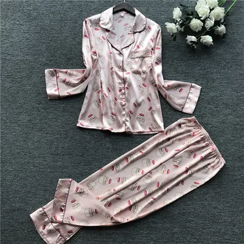 

Women's Pajamas Sets with Flower Print Fashion Luxury Female Faux Silk Two Pieces Shirts + Pants Nighties Sleepwear