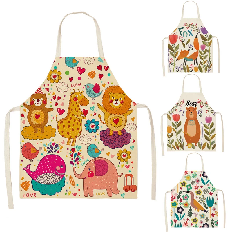 

1 Pcs Kitchen Apron Cute Fox Lion Elk Bear Animals Printed Sleeveless Cotton Linen Aprons for Men Women Home Cleaning Tools