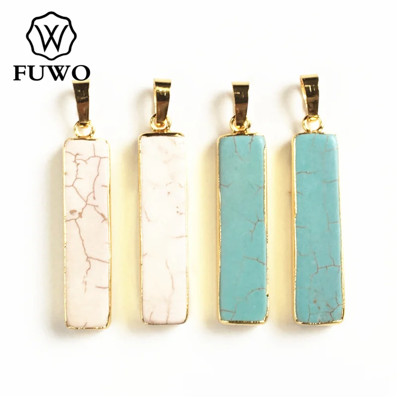 FUWO Wholesale White/Blue Howlite Rectangle Pendant With Gold Trimmed Simple Design Bar Shape For Necklace Making PD264 | Украшения и