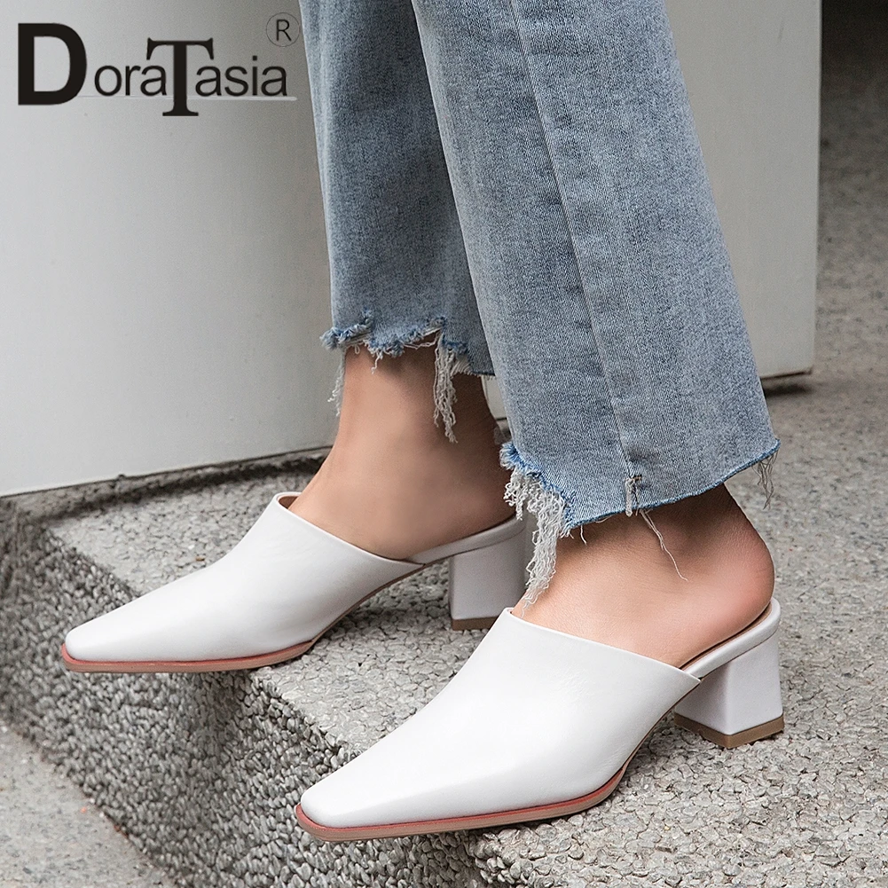 

DORATASIA Brand Lady Mules Spring Summer Flock Casual Office Pumps Women Square Toe Med Heels Slip On Shoes Woman