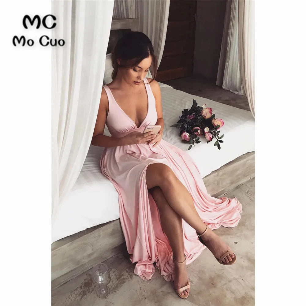 Pleated Empire Pink Bridesmaid Dress with Side Slit (3)