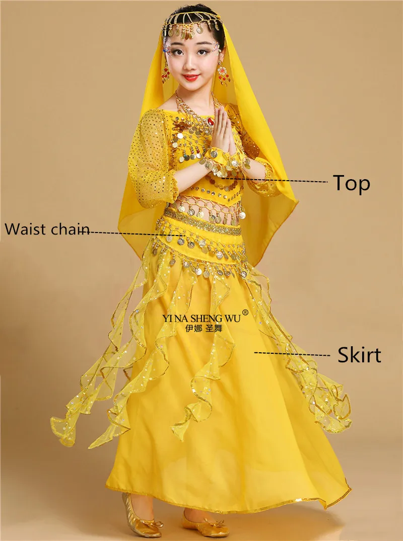 Yellow 3pcs Профессиональная индийская танцевальная одежда для девочек, детские костюмы для танца живота для девочек, Египетский костюм для танца живота для девочек размера плюс - Цвет: Yellow 3pcs