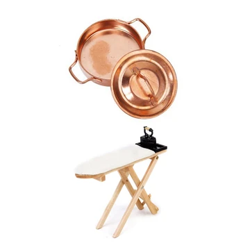 

1/12 Dollhouse Miniature Copper Pot with Lid & Cute scale 1: 12 dollhouse miniature iron with ironing board set included