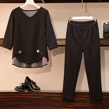 

Plus Size Women's Clothing 2020 Summer New Korean Version of Loose Fashion Was Thin Cropped Trousers Striped Two-piece Suit