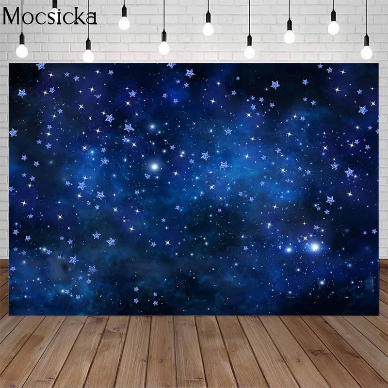 Glitter Little Stars Night Photography Backdrop Dark Blue Starry Sky Children Birthday Party Decoration Banner Photo Background