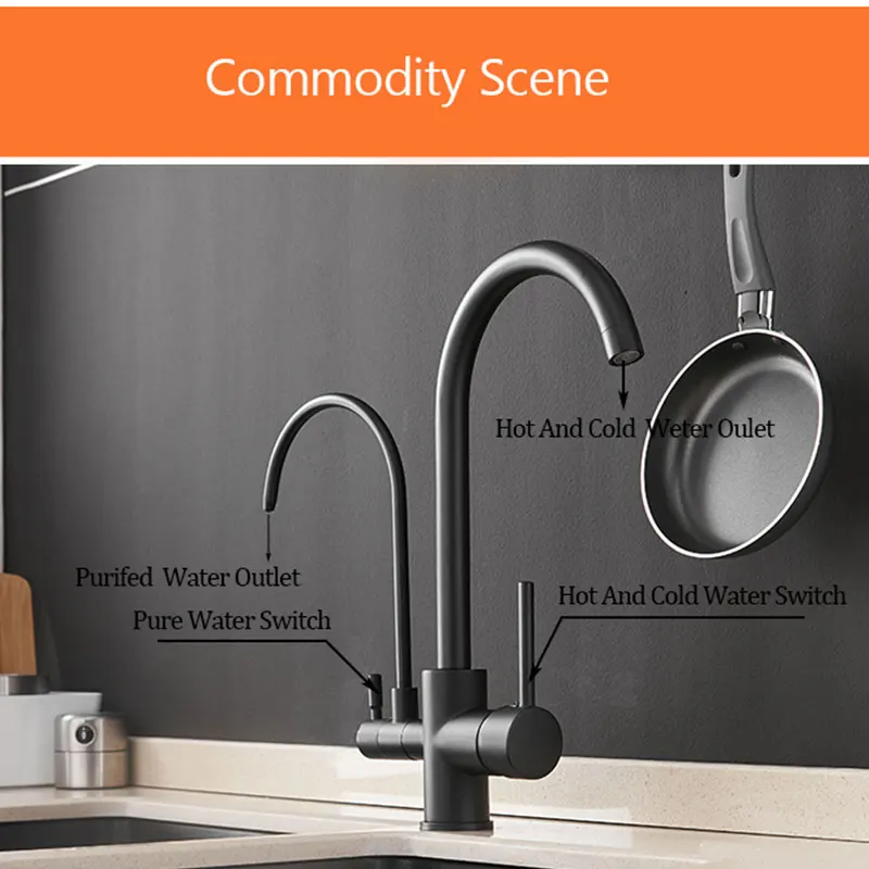 Filter Kitchen Faucets Dual Swive Spout Deck Mounted Mixer Tap 360 Rotation With Water Purification Features Crane Dual Handle