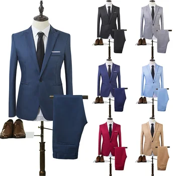 Men Clothing Formal Suit 2PCS Set Gentleman Work Suit Men Single Button Solid Blazers Business Wedding Office Mens Suit Set 1