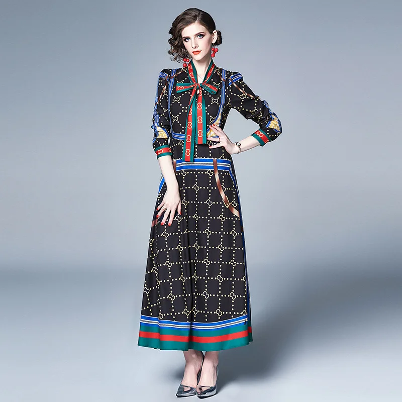 Ozhouzhan, женское платье,, винтажное, с принтом, длинный рукав, свинцовый стиль, облегающее, с большим подолом, длинное платье