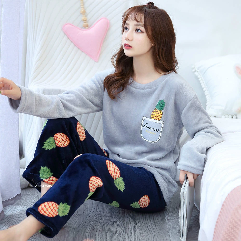 pajamas Зимние теплые пижамы для женщин с длинным рукавом, толстые коралловые бархатные пижамные комплекты, цветочные фланелевые бархатные пижамы Feminino Pijama Mujer - Цвет: pajamas