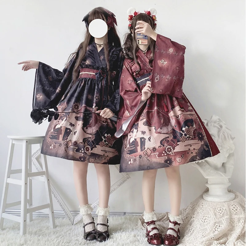 

Gothic japan style sweet lolita dress vintage printing falbala bowknot high waist kawaii dress kawaii girl gothic lolita op loli