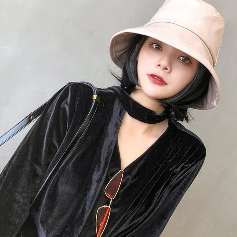 Women Hiphop Hat PU leather Hat  reversible bucket Caps Solid Colors Female Gorros - 3