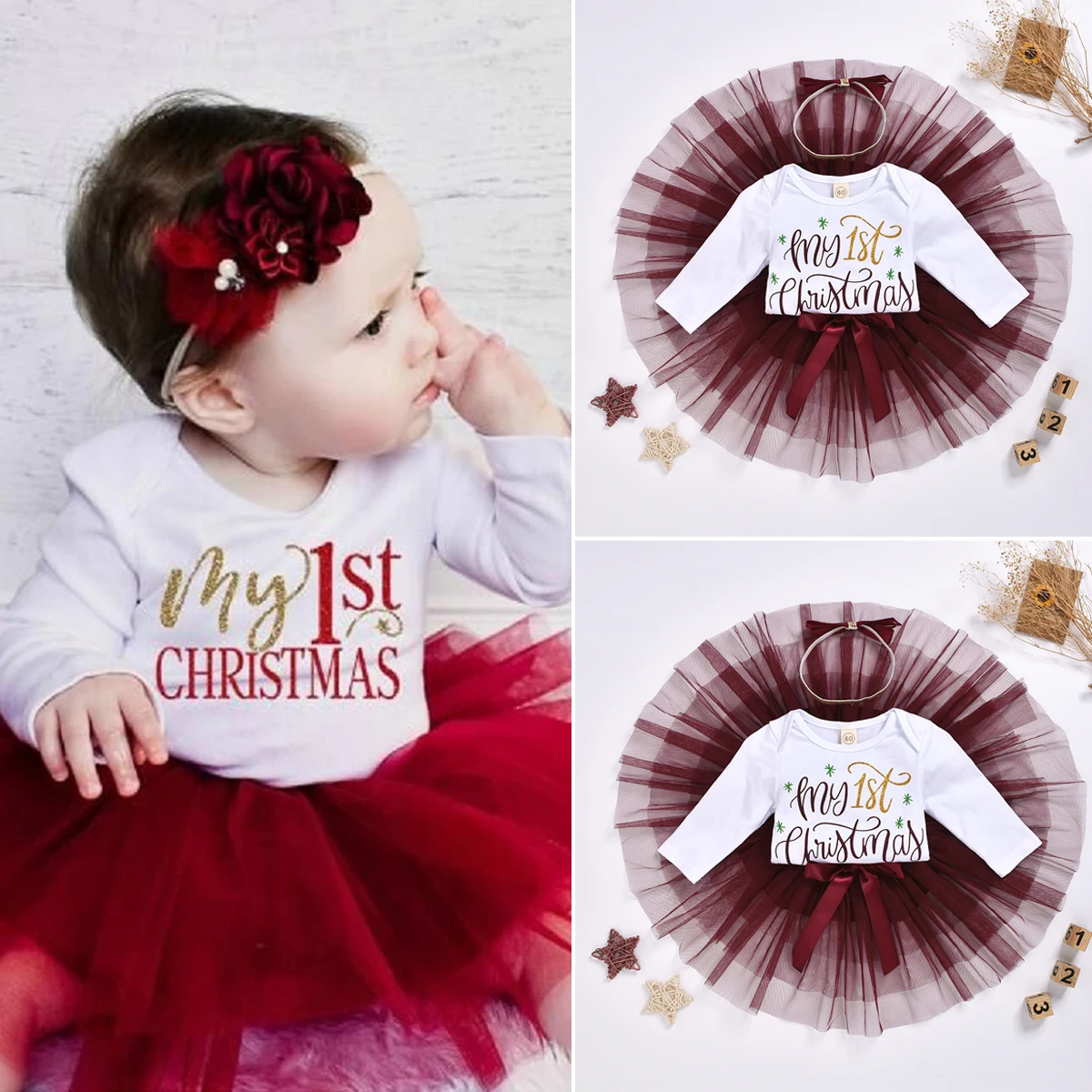 My 1st Christmas/Рождественский комбинезон с длинными рукавами для новорожденных девочек, топ-пачка, сетчатая юбка, повязка на голову