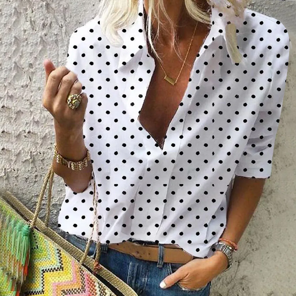 

JAYCOSIN elegant Blouse V neck Shirt Ladies OL Party Top Fashion Women Long Sleeve Button Dot Print Casual Tops Shirt femininas