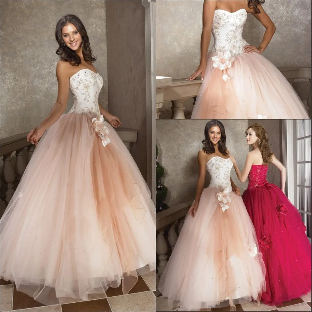 free shipping vestido de noiva Champagne ball gown sweetheart embroidery corset bodice and tulle evening prom dresses