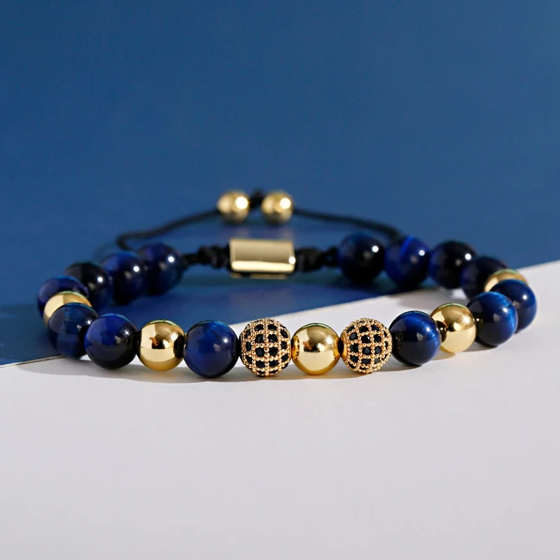 New Blue Tiger Eyes Beads Weaving Bracelet Homme Men CZ Ball Beads Adjustable Bracelet Men Dropshipping