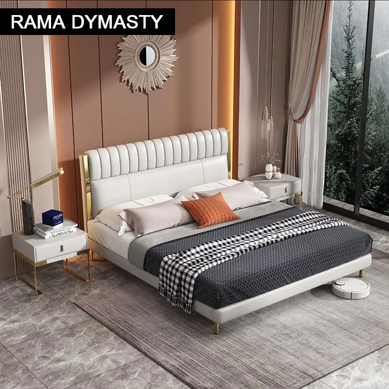 RAMA DYMASTY genuine leather soft bed modern design bed/ fashion king/queen size bedroom furniture