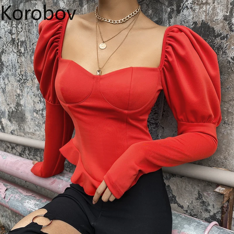 Korobov модные сексуальные черные женские футболки с короткими оборками и квадратным воротником, Корейская женская футболка, винтажный буф с рукавом, футболка 79388