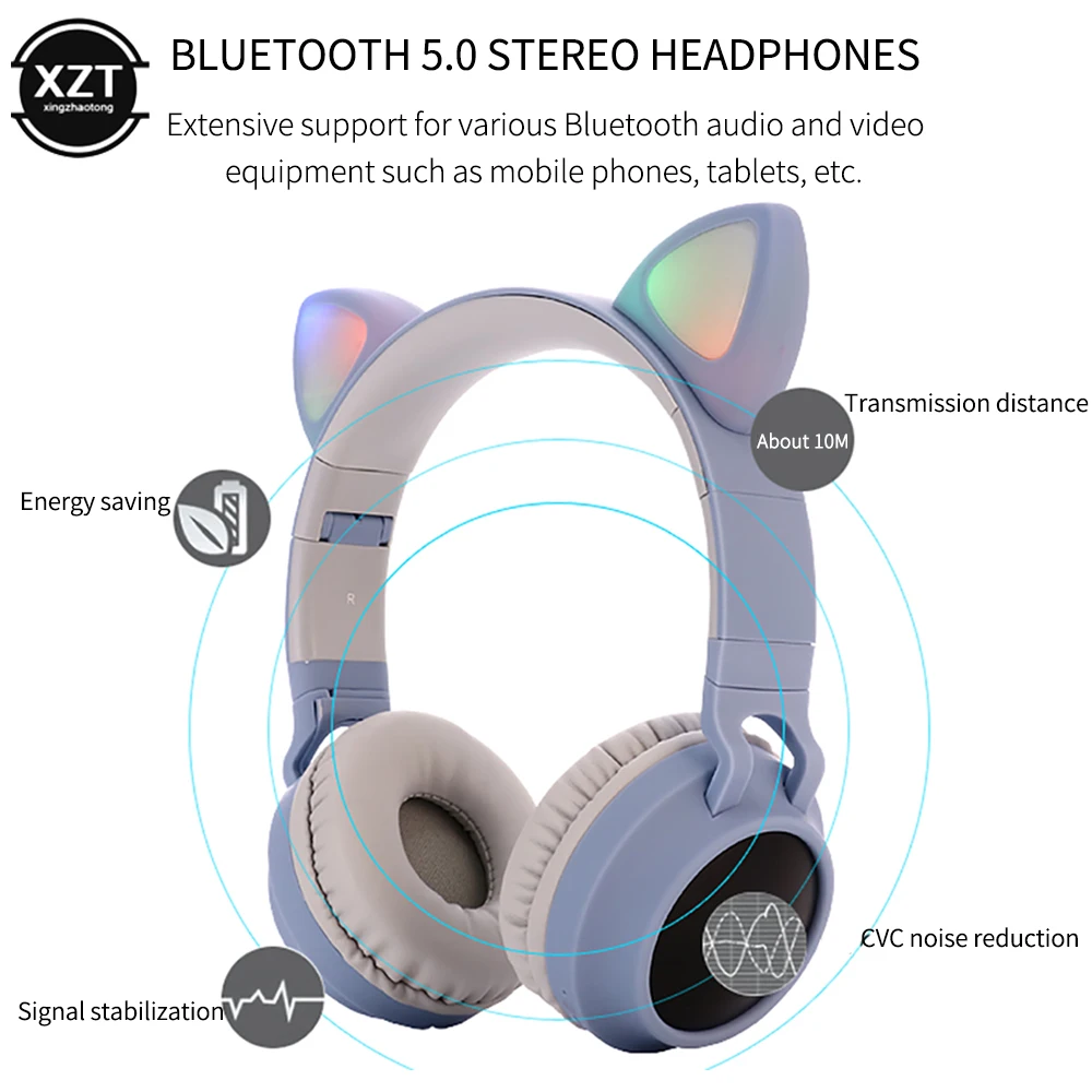 LED Cat Ear Headphones Bluetooth 5.0 Noise Cancelling  Adults Kids girl Headset Support TF Card FM Radio With Mic Wireless+Wired