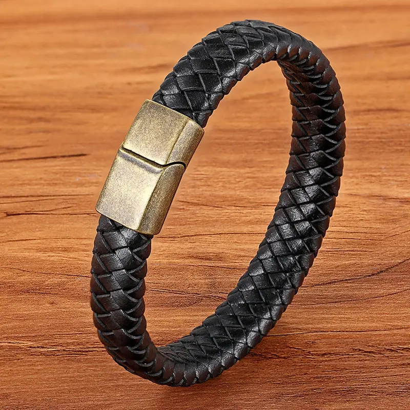 Fashion Stainless Steel Charm Magnetic Black Men Bracelet Leather Genuine Braided Punk Rock Bangles Jewelry Accessories Friend - Окраска металла: BXXG1041bronze