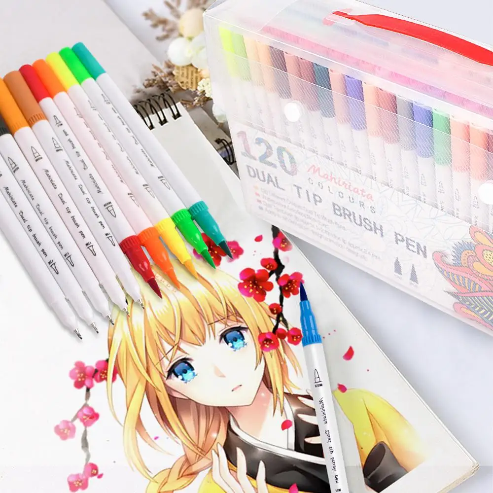 Kaufen Dual Tip Kunst Marker 60 100 120 Farben Kalligraphie Aquarell Pinsel Pen Set für Erwachsene Colouring Bücher Kugel Journal