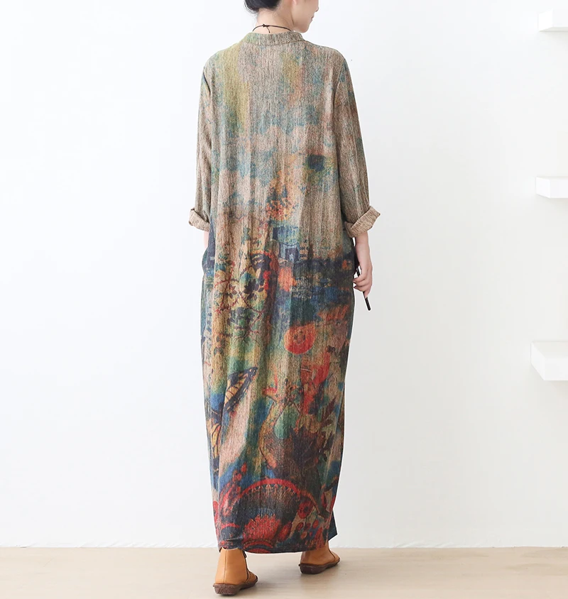 New Autumn Maxi Dresses for Women Vintage Loose Long Sleeve Dress Women Knitting RetroRabbit Hair Printed Robe Winter Vestidos
