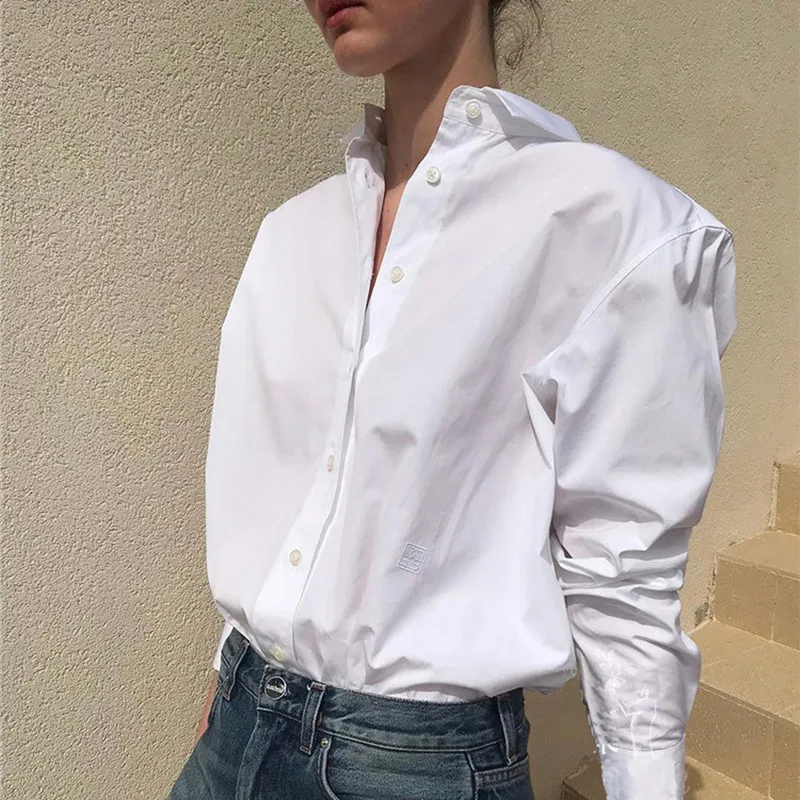 Женская блузка, рубашка, хлопок, белый светильник, желтый цвет, blusas boy friend style, высокое качество, негабаритный Топ, новинка, ins fashion - Цвет: Белый