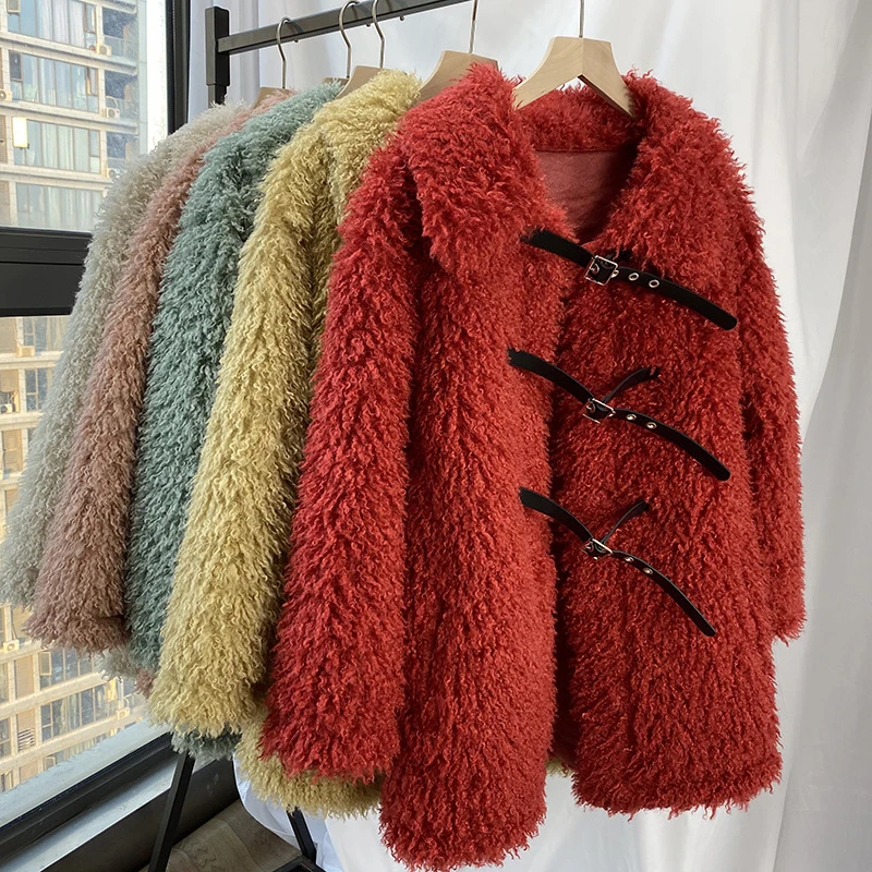 [EAM] Loose Fit Lambswool Split Big Size Thick Woolen Coat Parkas New Long Sleeve Women Fashion Tide Autumn Winter 1M420