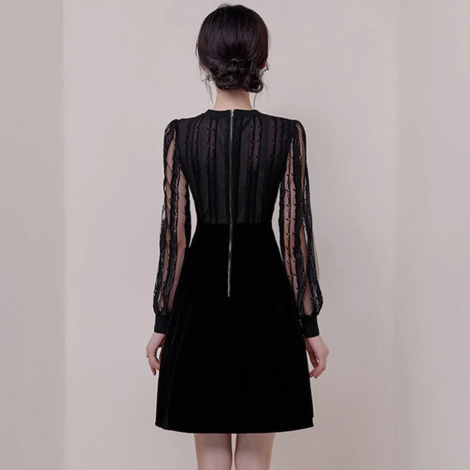 Черное сексуальное элегантное платье осень o-образным вырезом длинный рукав сетка Флокирование Вельветовая с завышенной талией Темперамент Вечерние женские платья