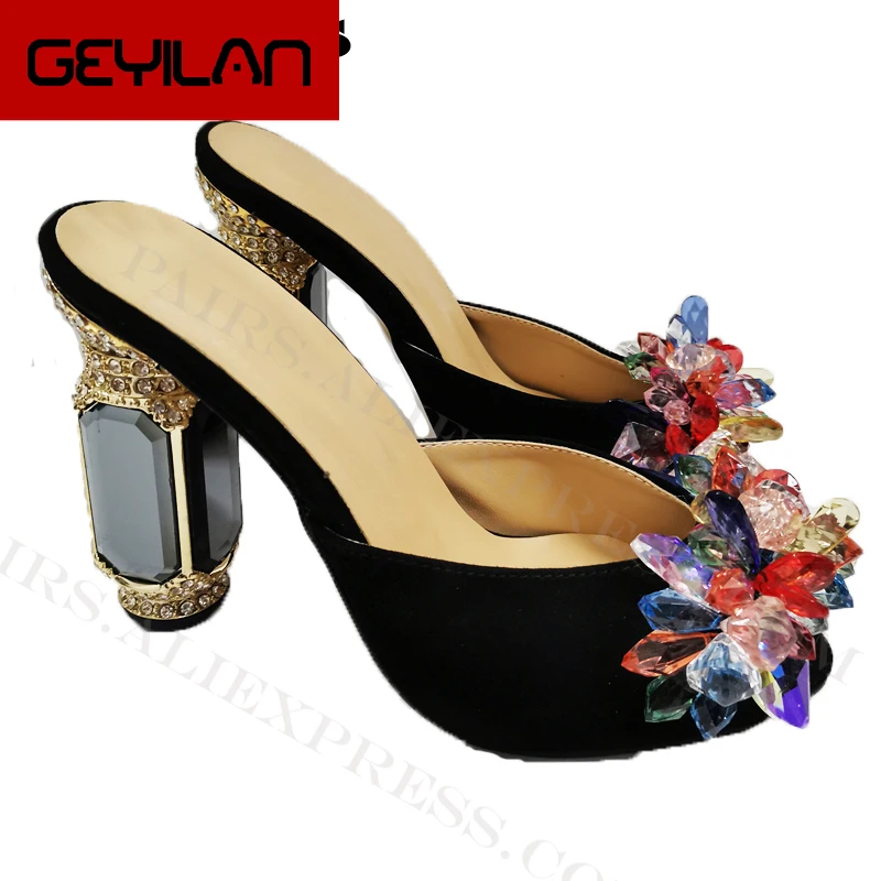 

New Luxurious Gemstone Chunky High Heel Summer Slippers Women Multicolored Peep Toe Rhinestone Slippers Runway Party Shoes Women