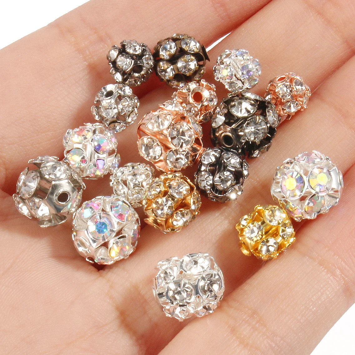 50pcs 6/8/10mm AB Color Metal Crystal Beads Rhinestone Ball Shape Loose  Beads for Jewelry Making DIY Gift Bracelet Accessories