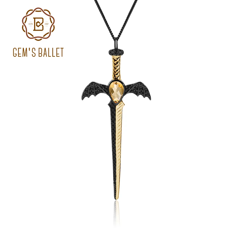 

GEM'S BALLET 925 Sterling Silver Natural Citrine Bat's Wing Sword Pendant Vintage Punk Style Necklace Fine Jewelry for Women