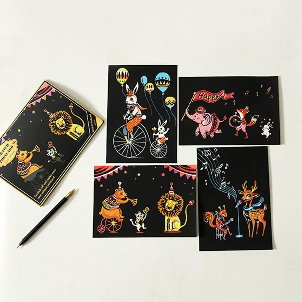 

4pcs Engraving Art Scraper Kits Colorful Night View Set Scratch Craft Drawing Paper Pen 20*14cm Fireworks Pictures Postcard