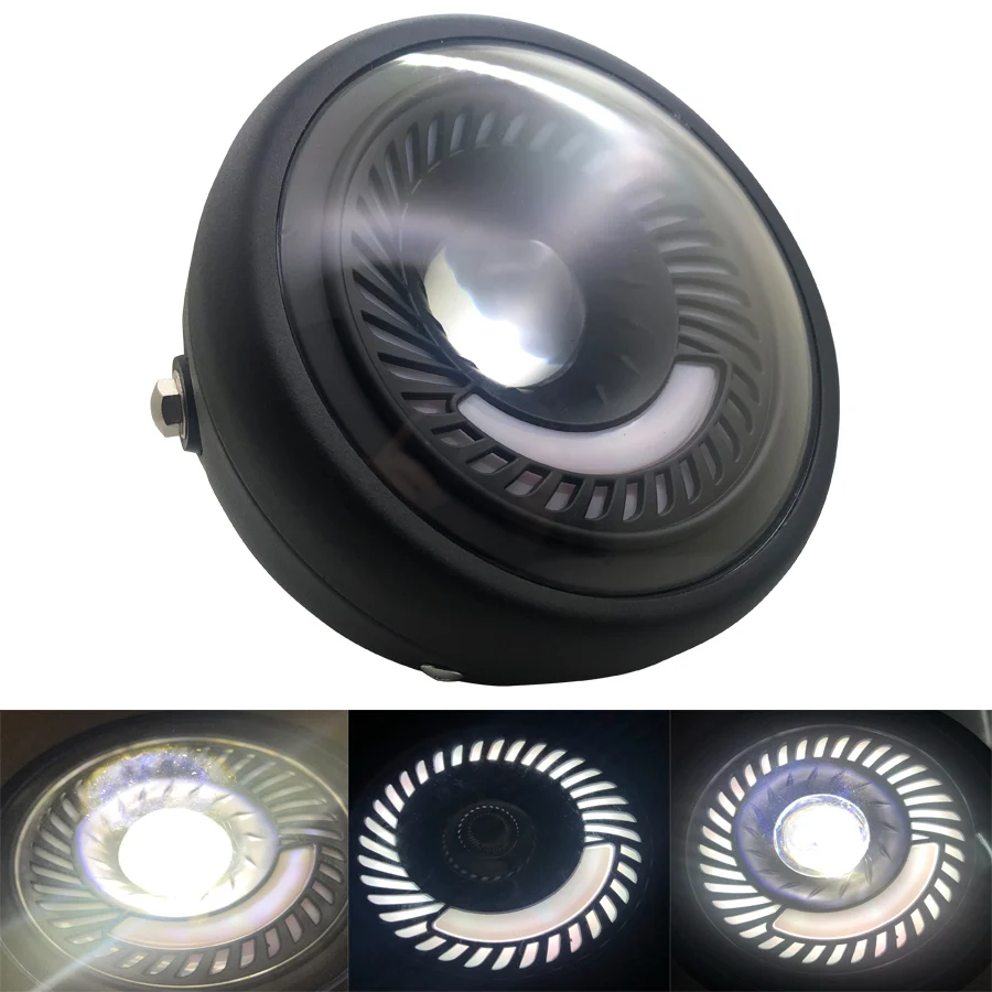 6.8" Universal Motorcycle LED Headlight DRL Fog Lamp White Angel Eyes w/ Bracket