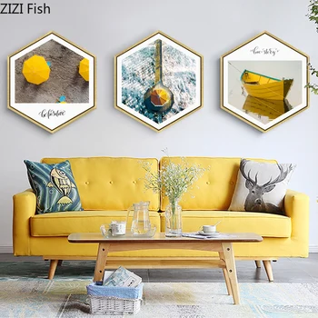 

Hexagon Landscape Inkjet Wall Painting Seascape Wall Decoration Oil on Canvas Mural Solid Wood Frame Poster Nordic Home Decor