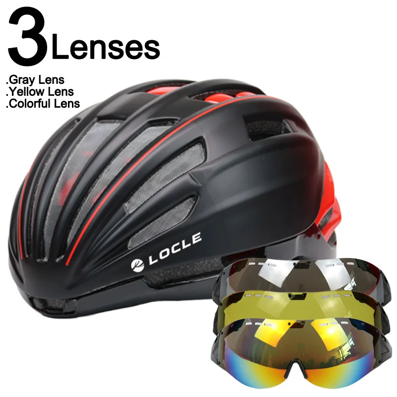 LOCLE 280 г очки, велосипедный шлем, сетка от насекомых, дорожный горный MTB велосипедный шлем с линзой, шлем для велосипеда, Casco Ciclismo - Цвет: Black Red 3 Lenses